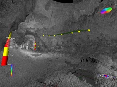 1 An view of a Lidar data based model from the Alderley Edge Mines. The image colour shows the reflection intensity of the laser. Several scans are merged together to form this model.
